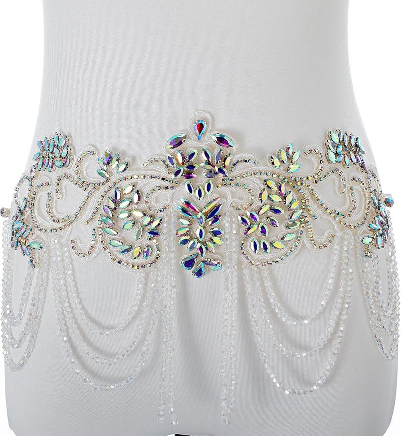 amusediy Clear AB Beaded Rhinestones Applique Embellishment for Clothes,Epaulettes Shoulder Patches Sew-on Diamond Sequin Applique for Wedding Dress DIY Accessories Belt Waist Decoration - Image 3